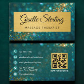 QR Code Massage Therapist Gold Teal Glitter  名刺