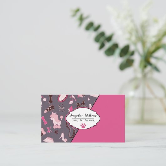 QR Code Mauve Girly Mid-Century Pet Groomer 名刺 (スタンド正面)