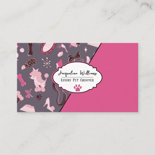 QR Code Mauve Girly Mid-Century Pet Groomer 名刺 (正面)