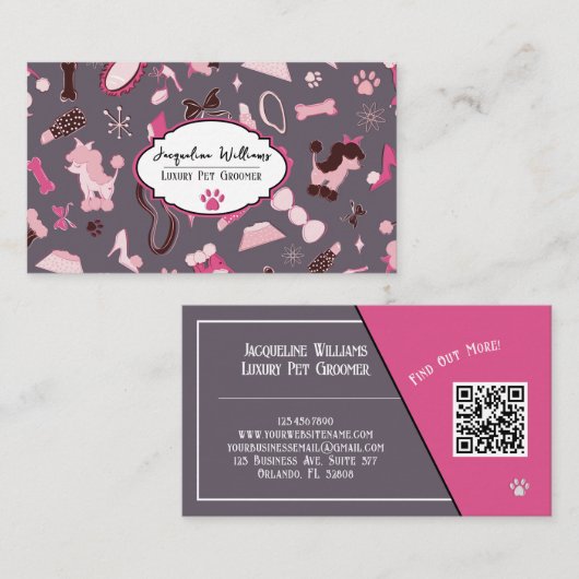 QR Code Mauve Girly Mid-Century Pet Groomer II 名刺 (正面/裏面)