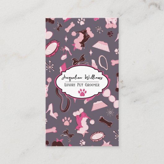 QR Code Mauve Girly Mid-Century Pet Groomer III 名刺 (正面)