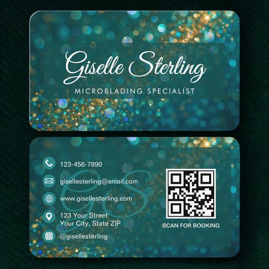 QR Code Microblading Teal Gold Glitter  名刺