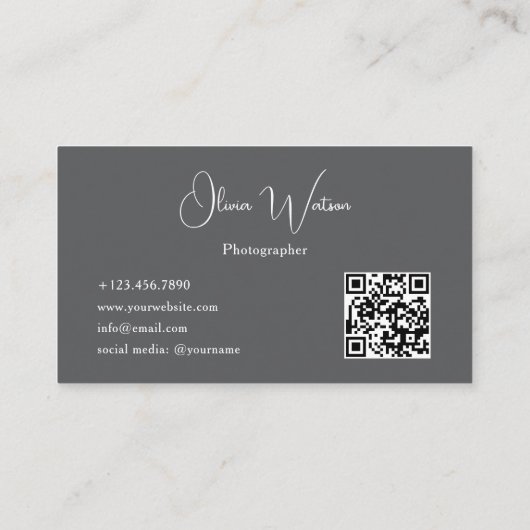 QR Code Minimalist Gray Script Photographer 名刺 (裏面)