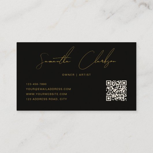 QR Code Modern Black & Gold Handwritten Script 名刺 (裏面)
