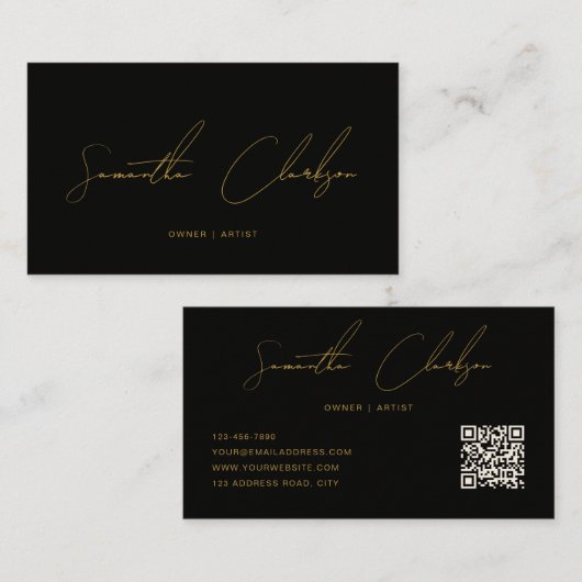 QR Code Modern Black & Gold Handwritten Script 名刺 (正面/裏面)