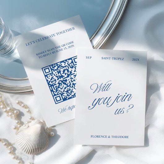 QR Code Modern Blue & White Wedding RSVP