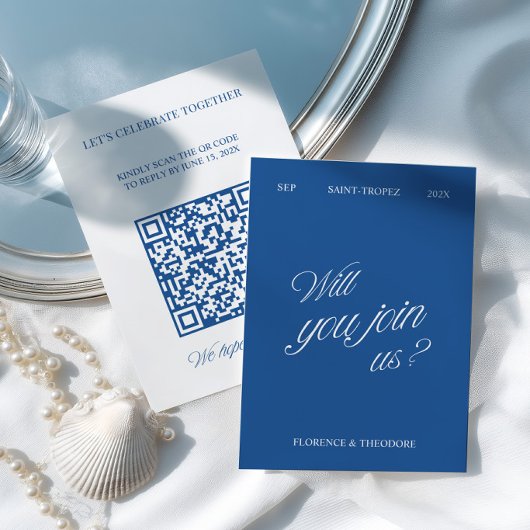 QR Code Modern Blue & White Wedding RSVP