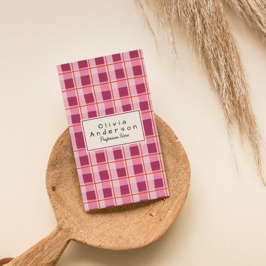 QR Code Modern Pink Checkered Quirky Boho Girly 名刺