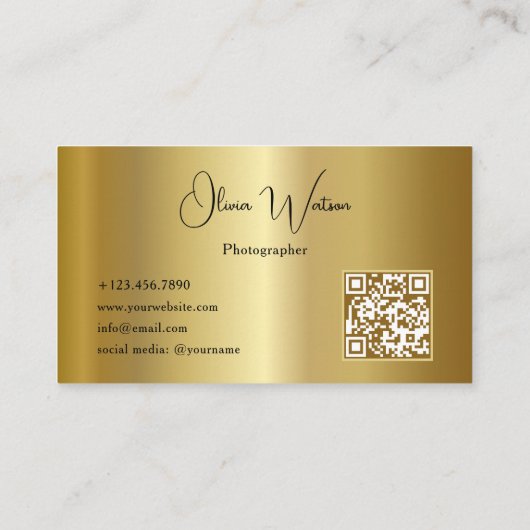 QR Code Modern Script Gold Photographer 名刺 (裏面)