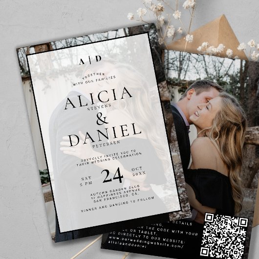 QR code modern simple typography 2 photo wedding 招待状