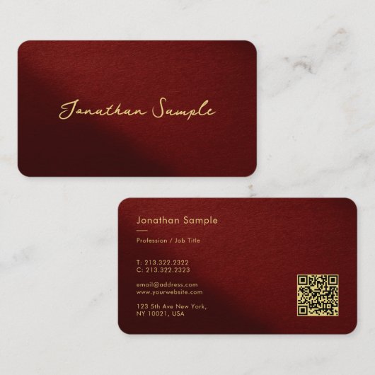 QR Code Modern Template Bordeaux Gold Typography 名刺 (正面/裏面)