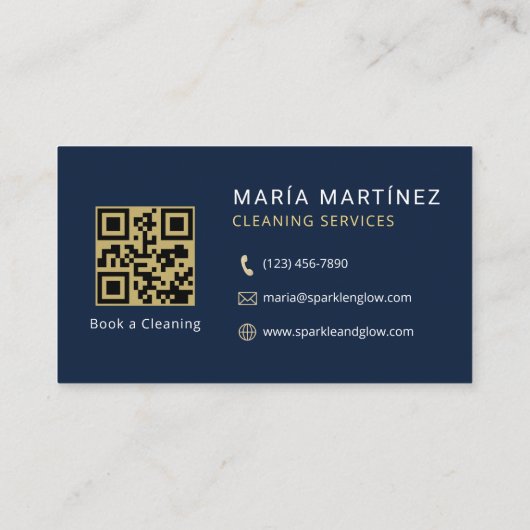 QR Code Navy Blue Gold Cleaning Services 名刺 (裏面)