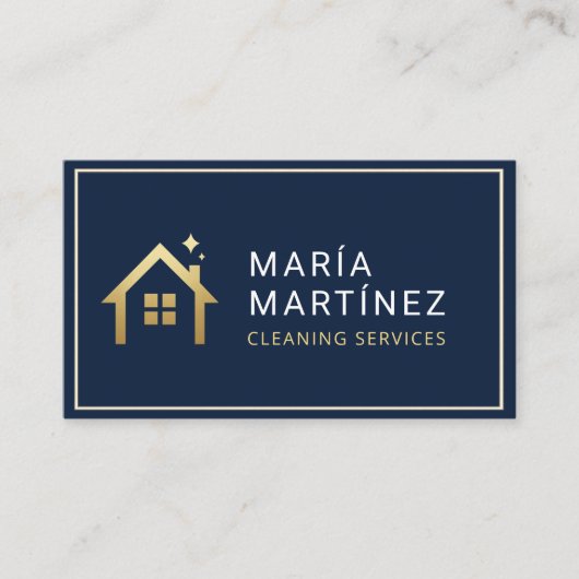 QR Code Navy Blue Gold Cleaning Services 名刺 (正面)