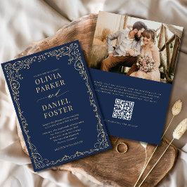QR Code Navy Blue Gold Photo Minimalist Wedding 招待状