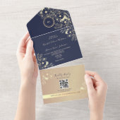 QR Code Navy Rose Gold Wedding オールインワン招待状 (貼ってはがせる)