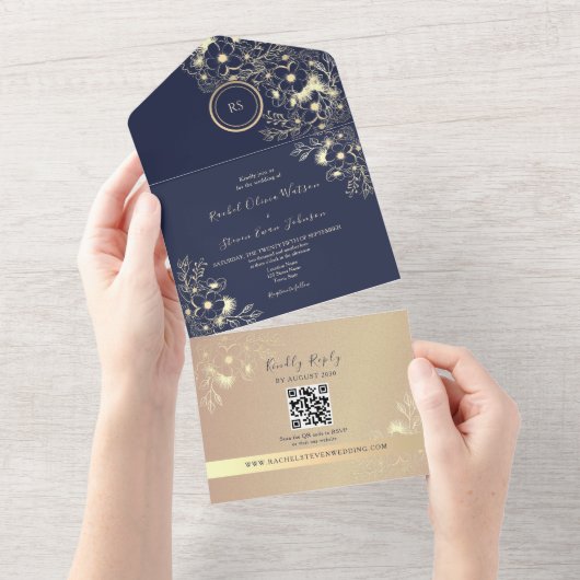 QR Code Navy Rose Gold Wedding オールインワン招待状 (貼ってはがせる)