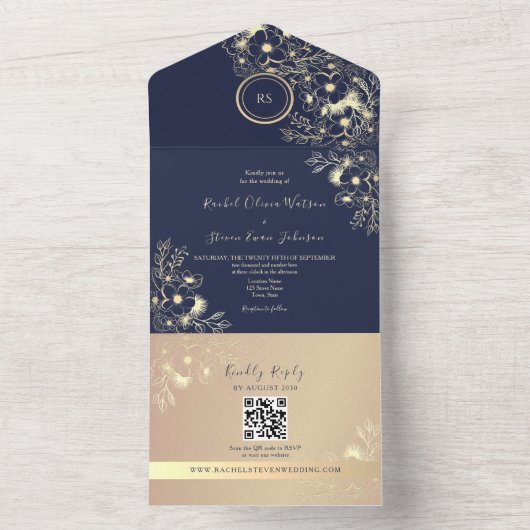 QR Code Navy Rose Gold Wedding オールインワン招待状 (内側)
