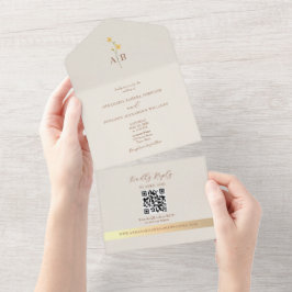 QR Code Neutral Ivory Gold Wildflower Wedding オールインワン招待状