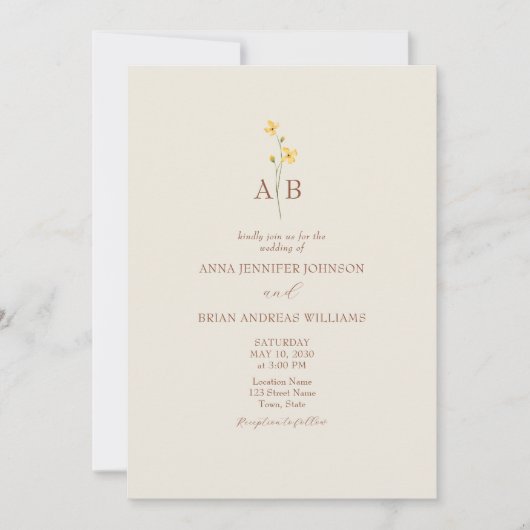 QR Code Neutral Wildflower Photo Wedding 招待状 (正面)