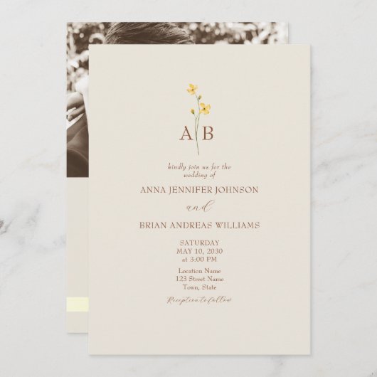 QR Code Neutral Wildflower Photo Wedding 招待状 (正面/裏面)