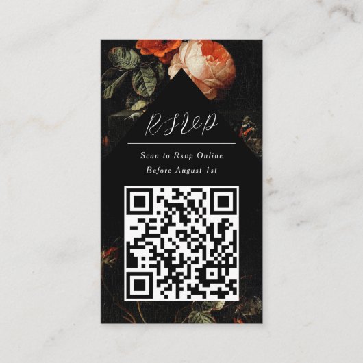 QR Code Online Photo Black Floral Website RSVP エンクロージャーカード (正面)