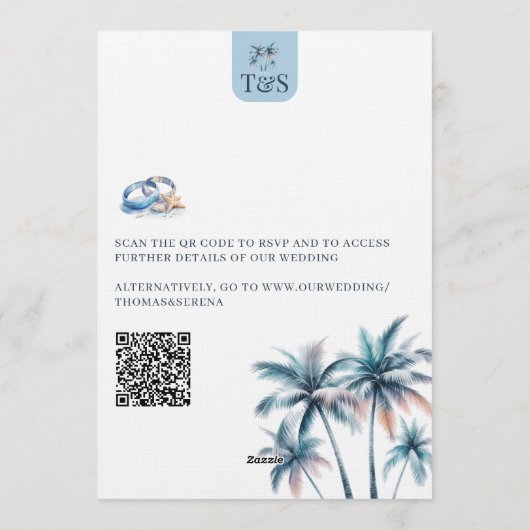 QR Code Palm Tree Beach Wedding Destination 招待状 (裏面)