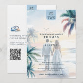 QR Code Palm Tree Beach Wedding Destination 招待状 (正面/裏面)