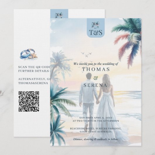 QR Code Palm Tree Beach Wedding Destination 招待状 (正面/裏面)