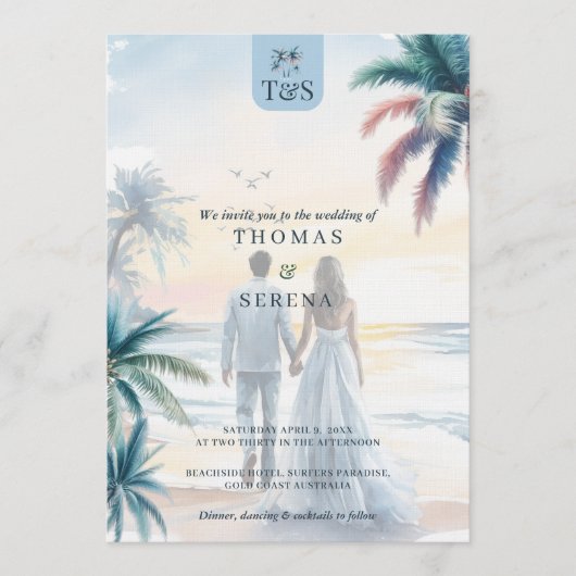 QR Code Palm Tree Beach Wedding Destination 招待状 (正面)
