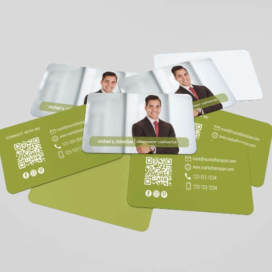 QR Code Photo Contact Olive Green Modern 名刺