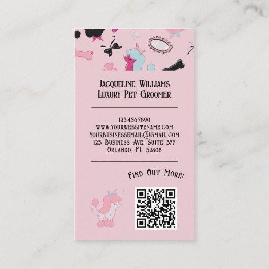 QR Code Pink Girly Mid-Century Pet Groomer III 名刺 (裏面)