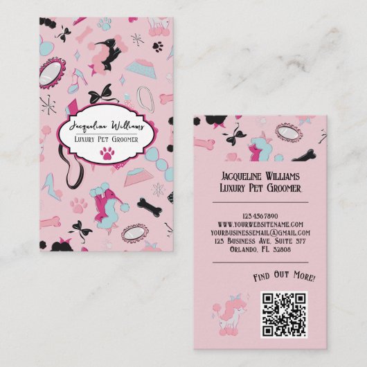 QR Code Pink Girly Mid-Century Pet Groomer III 名刺 (正面/裏面)