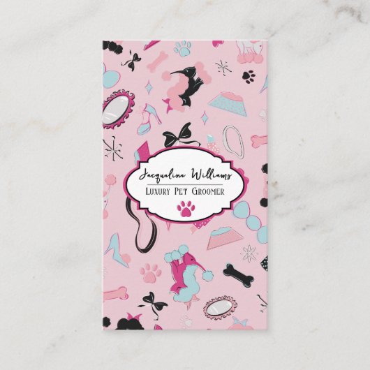 QR Code Pink Girly Mid-Century Pet Groomer III 名刺 (正面)