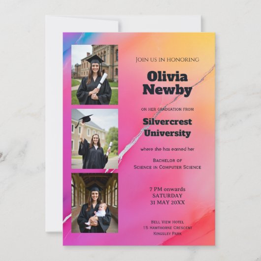 🎓 QR Code Pink  Rainbow Marble  Graduation Party 招待状 (正面)