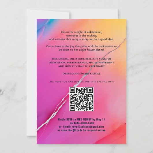 🎓 QR Code Pink  Rainbow Marble  Graduation Party 招待状 (裏面)
