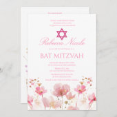 QR Code Pink Watercolor Floral Bat Mitzvah  招待状 (正面/裏面)