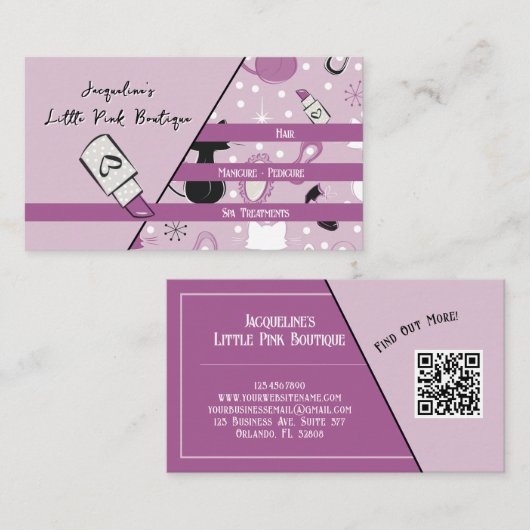 QR Code Purple Girly Mid-Century Salon II 名刺 (正面/裏面)