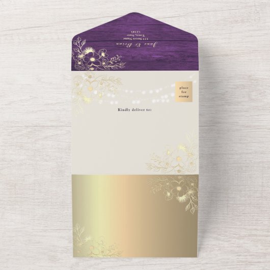 QR Code Purple Gold Rustic Lights Wedding オールインワン招待状 (外側)