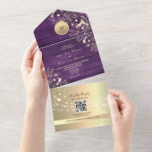 QR Code Purple Gold Rustic Lights Wedding オールインワン招待状 (貼ってはがせる)