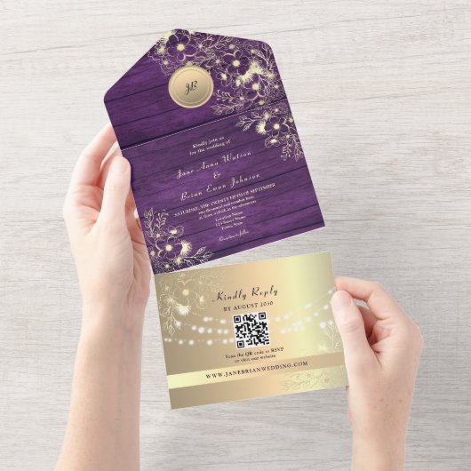 QR Code Purple Gold Rustic Lights Wedding オールインワン招待状 (貼ってはがせる)