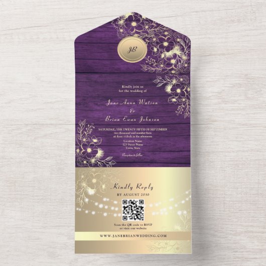 QR Code Purple Gold Rustic Lights Wedding オールインワン招待状 (内側)