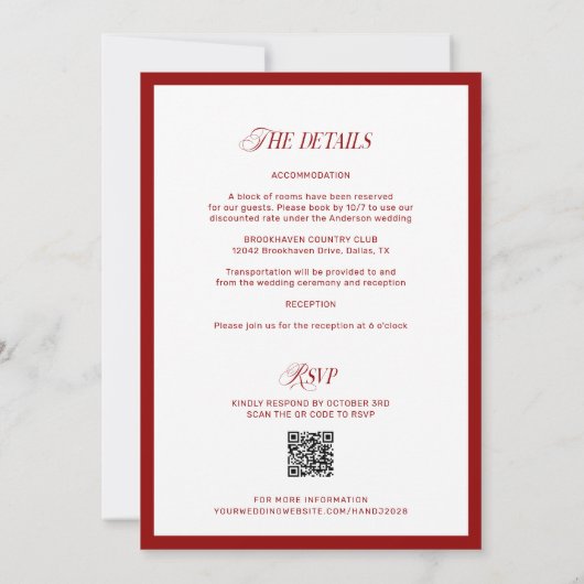 QR Code Red Classic Minimalist Wedding 招待状 (裏面)