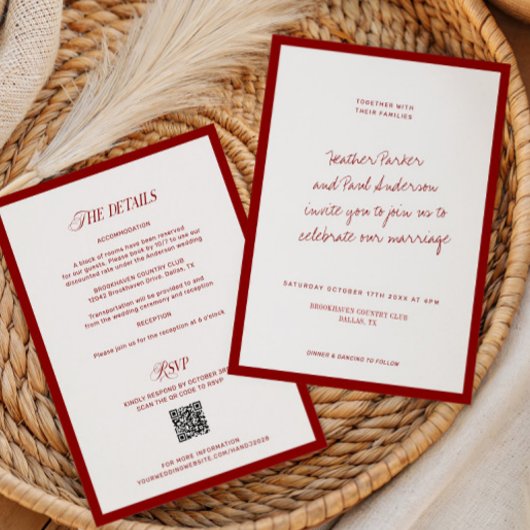 QR Code Red Classic Minimalist Wedding 招待状