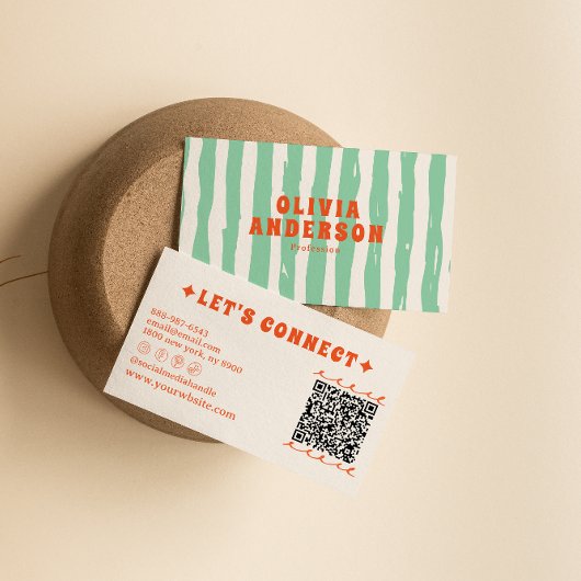 QR Code Retro Green Boho Groovy Unique Trendy Fun 名刺