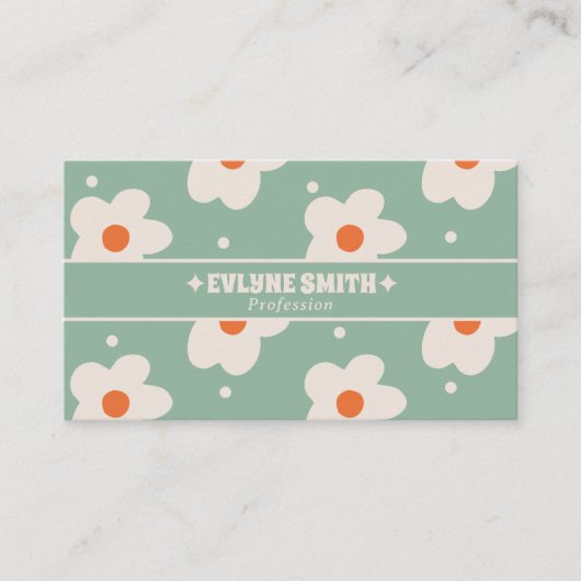 QR Code Retro Green Groovy Floral Boho Unique Fun 名刺 (正面)