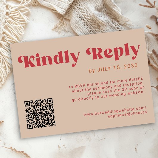 QR code Retro groovy bold red beige online wedding 出欠カード