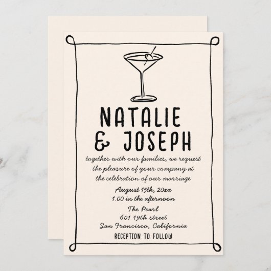 QR Code Retro Hand Drawn Written Cocktail Wedding 招待状 (正面/裏面)