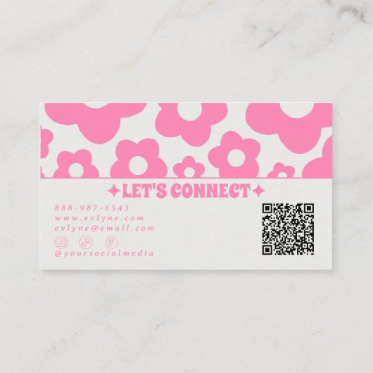 QR Code Retro Pink Groovy Floral Boho Girly Trendy 名刺 (裏面)