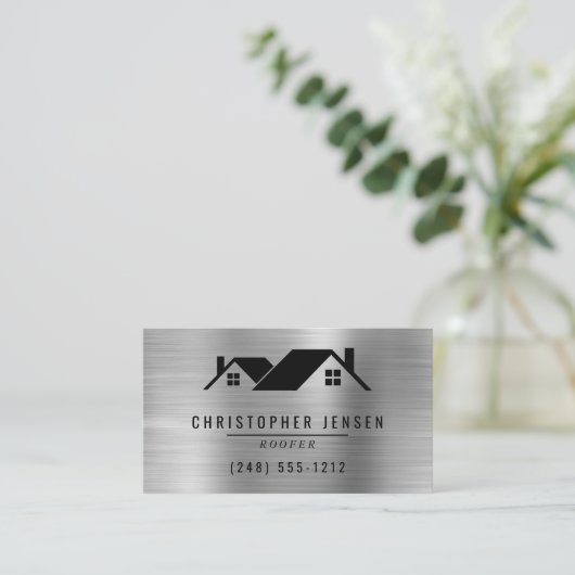 QR Code Roofing Business Black Silver Metallic 名刺 (スタンド正面)