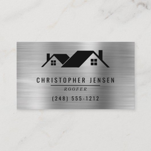 QR Code Roofing Business Black Silver Metallic 名刺 (正面)